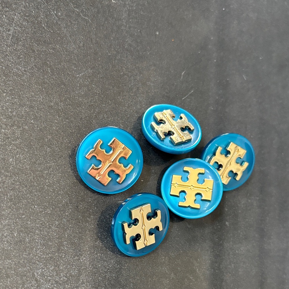 5 Tory Burch Teal and Gold Logo Buttons